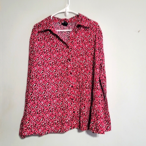 Womens 2X Pink Bell sleeve top Button Up Blouse Black White Stretchy‎ East 5th - Picture 1 of 4